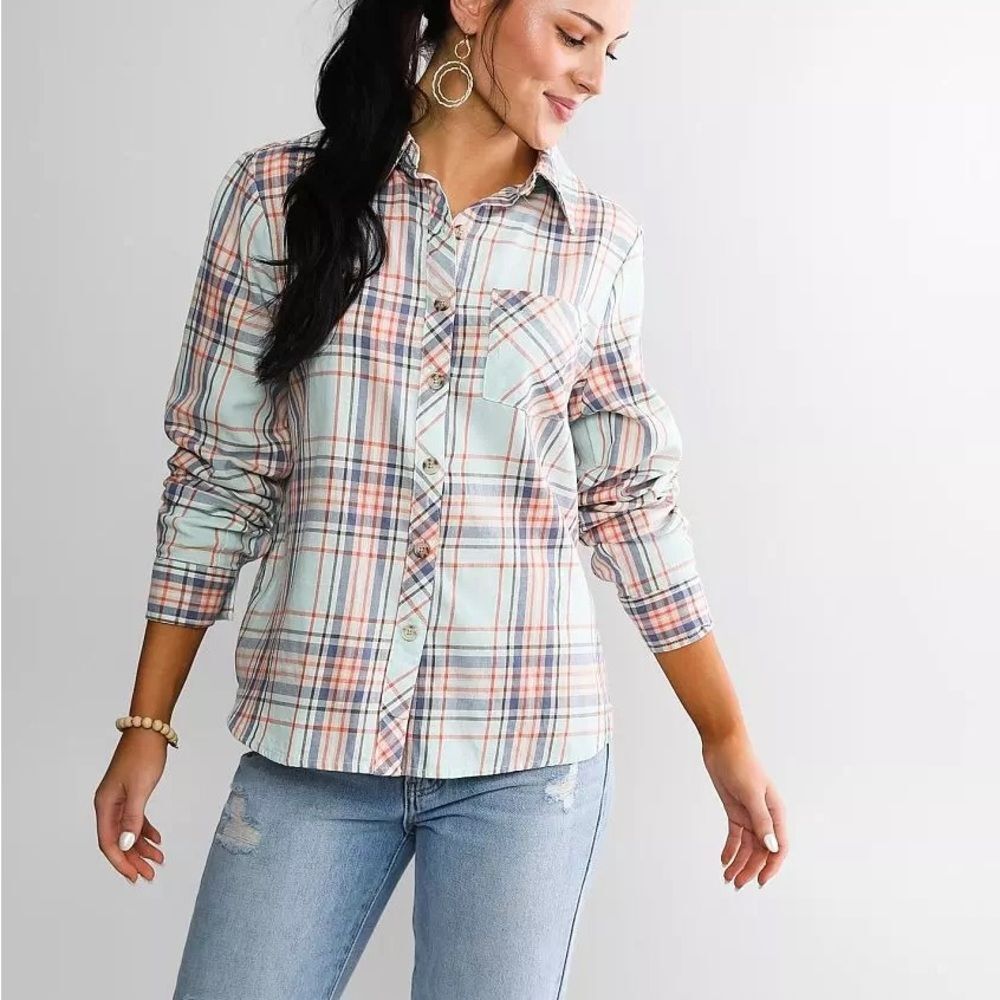 NWT BKE Mint Plaid Tortoiseshell Button Down Cotton Shirt Women’s Sz L